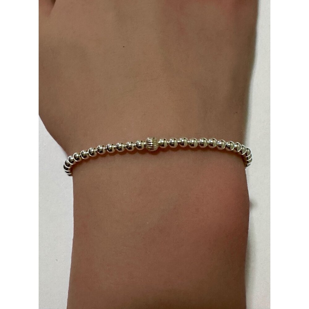 925 Sterling Silver Beaded Stretch Stacking Bracelet Minimalist Corrugated Cente - Picture 2 of 4
